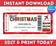 a christmas ticket with the text merry christmas you're going to edit and print today