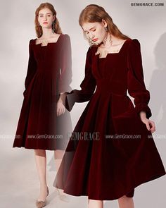 10% off now|Burgundy Pleated Velvet Retro Party Dress with Long Sleeves at GemGrace. Click to learn our pro custom-made service for wedding dress, formal dress. View Wedding Guest Dresses for more ideas. Stable shipping world-wide. Winter Party Pleated Long Sleeve Dress, Velvet A-line Dress For Winter, Elegant Velvet Dress For Fall, Long Sleeve Velvet Dress For Holidays, Long Sleeve Velvet Dresses For Fall, Elegant Velvet Midi Dress For Fall, Long Sleeve Velvet Evening Dress For Fall, Elegant Velvet Dress With Square Neck, Fitted Long Sleeve Velvet Holiday Dress