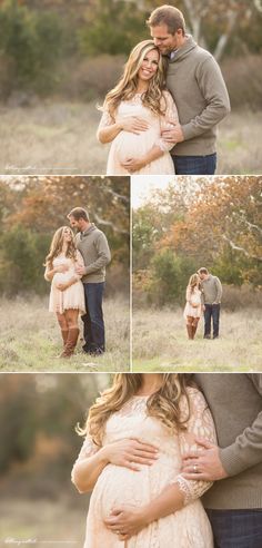 an image of a pregnant woman and her husband standing in the grass with their arms around each other