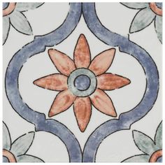 an artistic tile design with orange and blue flowers