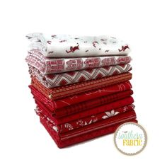 six pieces of red and white fabric stacked on top of each other, with the words southern