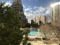 the eiffel tower towering over the city of paris is seen from across the pool