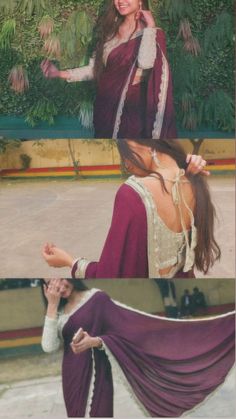 a woman with long hair wearing a purple sari and holding her hands out to the side