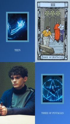 four different tarot cards with images of people in them and the text, three of pentacles