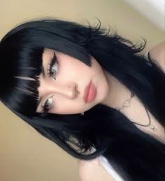 V Shaped Bangs Goth, Goth Hair Inspiration, Bangs For A Small Forehead, Long Alt Hairstyles, Black Hair With Colored Bangs, Half Dyed Bangs, Triangle Bangs Goth, Long Alt Hair, Vamp Bangs