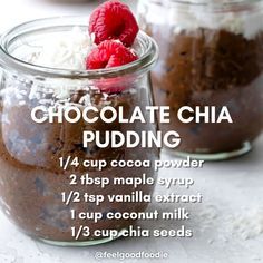 chocolate chia pudding in a glass jar with raspberries and coconut on top