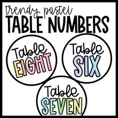 three round labels with the words table numbers in different colors and font on each one