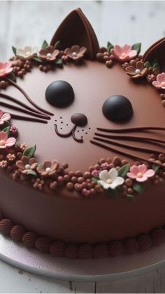 a chocolate cake decorated with flowers and a cat's face