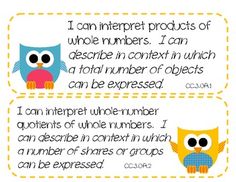 two posters with owls on them that say i can interpret products of whole numbers