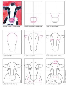 how to draw a cow's head with different angles and lines on it, including the