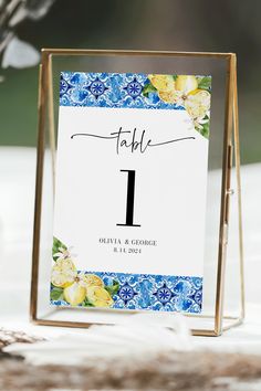 Positano Blue Tiles Lemons Wedding Table Number Card Printable Mediterranean Italian Amalfi Coast Table Number Template Instant Download W13