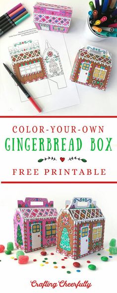 the gingerbread box printable is shown with markers and crayons on it