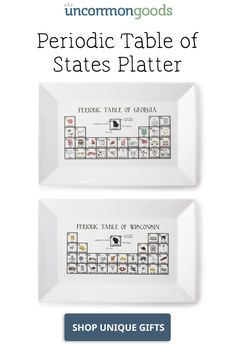 two white plates with the words, period table of states plater and state symbols on them