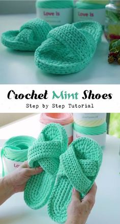 the crochet mint shoes are made from yarn and knitted to look like slippers