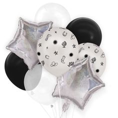 black, white and silver balloons are arranged in the shape of stars and moons