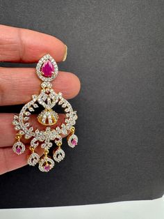 Diamond Finish Color Stone Chandbali EaringsColor : Diamond Finish JhumkasSize : Approx 2 Inches; Weight : Approx 12 Grams EachStones : CZ --Color-- Stone Jhumki Earrings, Color Stone, Social Events, Indian Jewelry, Stone Color, Stone, Red, Color