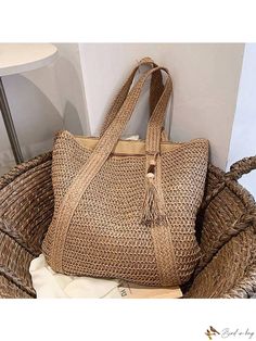 Bird in Bag - Premium Hand-Woven Womens Shoulder Bag: Spacious and Stylish with Tassel Pendant Vest Designs, Color Khaki, Cartoon Cat, Stylish Fashion, Purses Crossbody, Straw Bag, Bags Handbags, Tassels, Straw