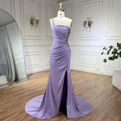 2024 Arabic Elegant Lilac Satin Mermaid Evening Dress - One Shoulder Beaded Women's Party Gown with High Slit Fairytale Gown, Mermaid Evening Dress, Breathtaking Wedding, Evening Gowns Elegant, Cute Prom Dresses, Party Gown, Mermaid Silhouette, Mermaid Evening Dresses, Lilac Dress