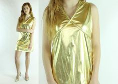 Vintage 60's gold metallic mini dress.  Sleeveless styling.  A-line.  Rope belt that crosses in the front and ties in the back.  Zipper up the back.  Model is 5 ft. 11 in. and wears a size small in tops and a size 5 in bottomsCondition: I believe this is NOS.  Very good condition.  Light wear on the gold.Brand: Miss FinaleFabric: SyntheticMeasurements: Taken flat, then doubled when necessary.Size: no tag, probably fits a size medium best.***Please compare your own body  measurements to the measu Gold Sleeveless Mini Dress For Spring, Gold Shiny Mini Dress For Party Season, Shiny Gold Mini Dress, Gold Shiny Mini Dress, 1970 Dress, Metallic Mini Dress, 1960 Dress, Metallic Mini Dresses, Rope Belt