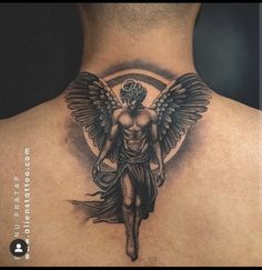 an angel tattoo on the back of a man's neck