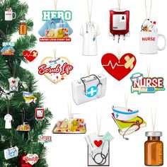 a christmas tree with various medical items hanging from it's branches and on top of each other