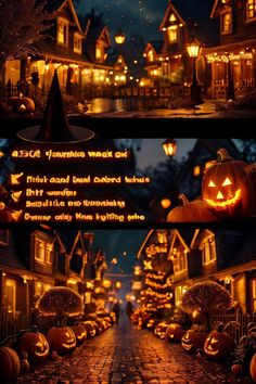 two pictures with pumpkins on the street at night and in front of a house