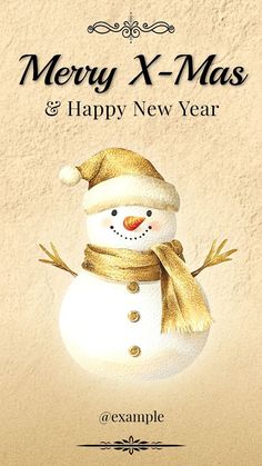 merry x - mas and happy new year card with a snowman wearing a santa hat