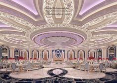 an elaborately decorated dining room with chandeliers and round tables in the center