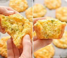 two pictures of someone holding up a muffin