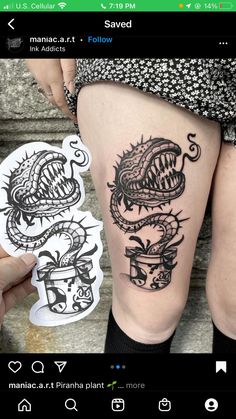 a woman's thigh with tattoos on it and an image of a dragon in the background