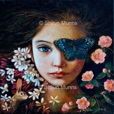 a painting of a girl with flowers and a butterfly on her face