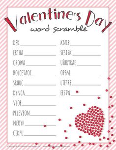 valentine's day word scramble is shown in red and white with hearts on it