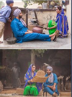 two pictures with people sitting on the ground and one has a basket in front of it