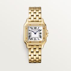 Cartier - Panthère de Cartier watch - Watch  - Panthère de Cartier watch, medium model, quartz movement. Case in yellow gold 750/1000 set with brilliant-cut diamonds, dimensions: 27 mm x 36 mm, thickness: 6 mm, crown set with a diamond, silvered dial, blued-steel sword-shaped hands, yellow gold 750/1000 bracelet, water-resistant to 3 bar (approx. 30 meters). Cartier Gold Watch, Cartier Watches Women, Trinity Bracelet, Trinity Necklace, Vintage Gold Watch, Golden Watch, Cartier Gold, Cartier Earrings, Cartier Necklace