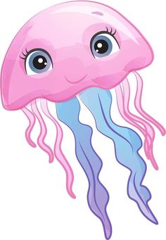 a pink jellyfish with blue eyes and long tentacles