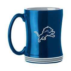 a blue mug with the detroit lions logo on it