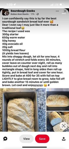 an image of bread being baked in a pan on the counter with instructions for how to bake it