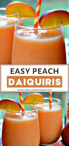 three glasses filled with peach daigurs and topped with two orange straws on top