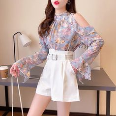 Floral Off Shoulder Blouse+belt Shorts P11819 Spring Party Bottoms With Belt, Elegant Belted Blouse For Spring, Elegant Spring Belted Blouse, Elegant Belted Top For Summer, Chic Summer Belted Tops, Elegant Summer Belted Top, Elegant Belted Summer Top, Belted Blouse For Workwear, Summer Workwear Belted Blouse