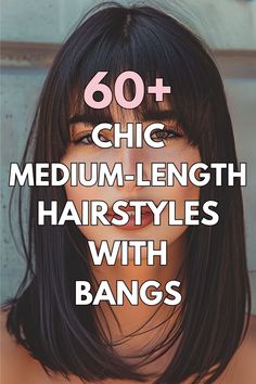 A woman with medium-length dark hair and sleek bangs styled with a smooth finish.