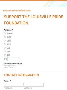 an orange and white checkout form with the words, support the louisville pride foundation