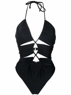 black cut-out detailing plunging V-neck halterneck tie fastening rear hook fastening Be mindful to try on swimwear over your own garments. Y2k Swimsuit Outfit, Witchy Swimsuit, Emo Swimwear, Gigi Outfits, Y2k Swimsuit, Gossip Girl Outfits, Halter Neck Swimsuit, Swimsuits Outfits, Black Bathing Suits