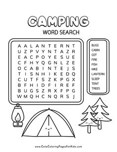 the camping word search is shown in black and white