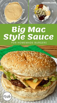 the big mac style sauce for homemade burgers is shown on a white plate with green napkin