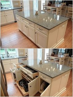 two pictures of the same kitchen counter top with open drawers and an island in between them