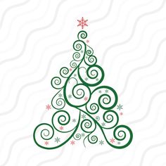 a green christmas tree with swirls and snowflakes on it's sides