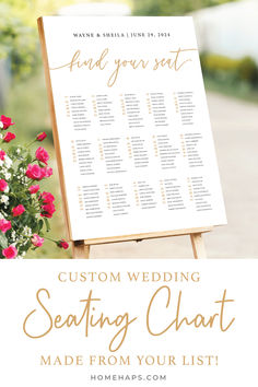 a seating chart for a wedding with flowers in the foreground and text that reads, find your seat custom wedding seating chart made from your list