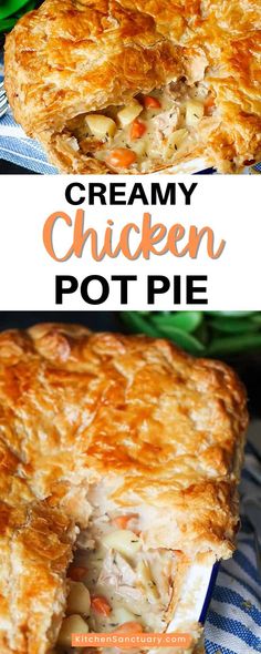 creamy chicken pot pie on a blue and white plate with text overlay that reads creamy chicken pot pie