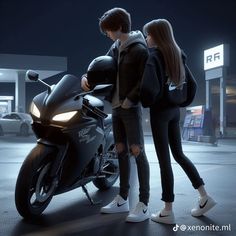 two people standing next to a motorcycle in front of a gas station at night with the lights on