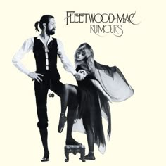 a man standing next to a woman on top of a white sheet with the words fleetwood mac rumours